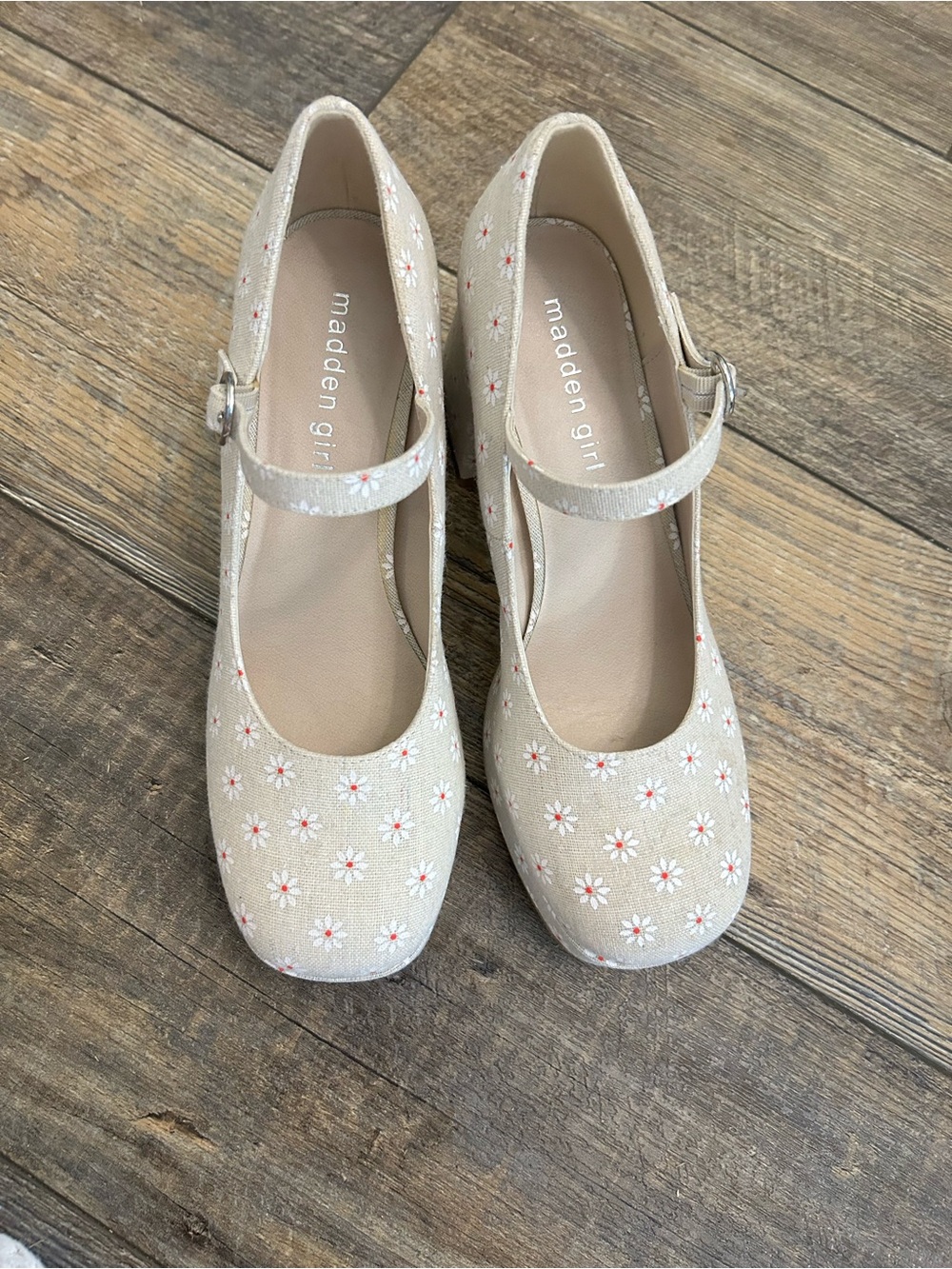 Madden Girl Beige Floral Mary Jane Block Heels - Picture 2 of 4